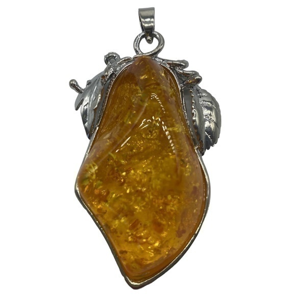 Baltic Amber Gemstone Silver Pendant 18kgp 2.75in